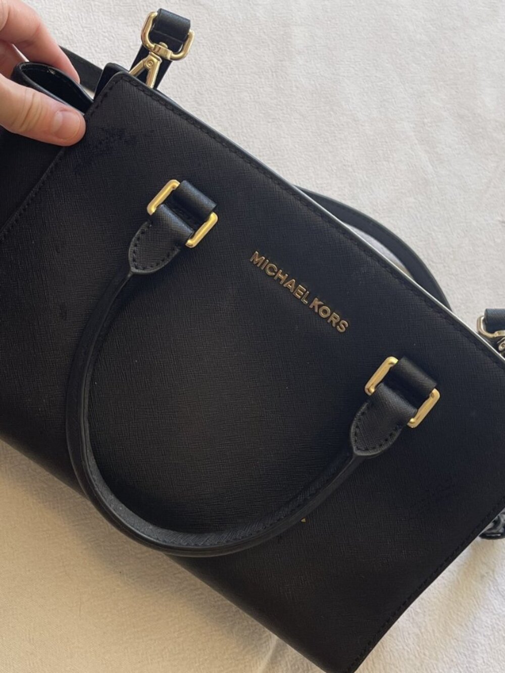 Michael Kors Selma Medium Satchel Black Saffiano Gold Hardware